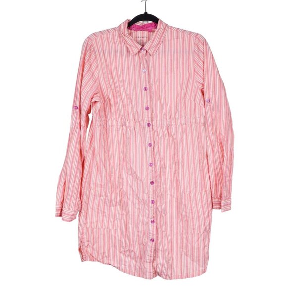 Xhilaration Dresses & Skirts - Retro Striped Dress XL Women Pink Purple Buttons Elastic Waist Tab Sleeve Cotton